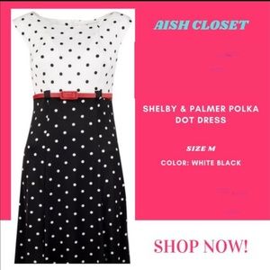 Shelby & Palmer Black White Polka Dot Dress Red Belt Pleated Neckline Size M EUC